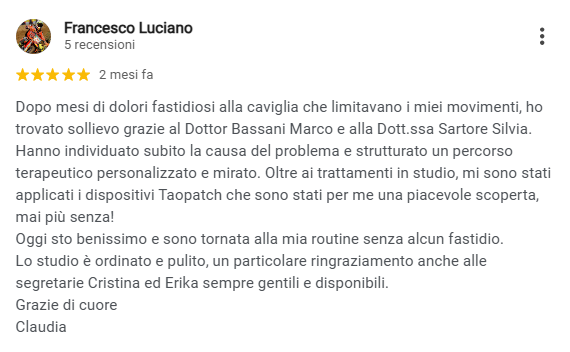 Recensione Google di una paziente del Centro Fisios