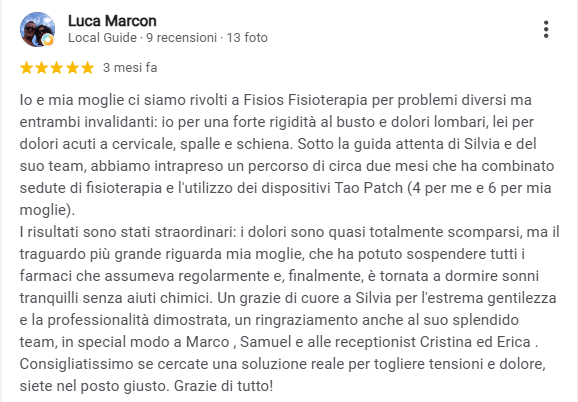 Recensione Google di un paziente del Centro Fisios
